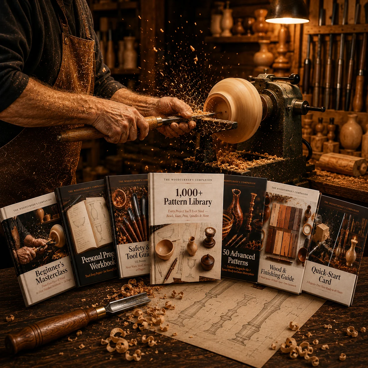 The Woodturner's Companion bundle on tablet and printed workbook in a workshop